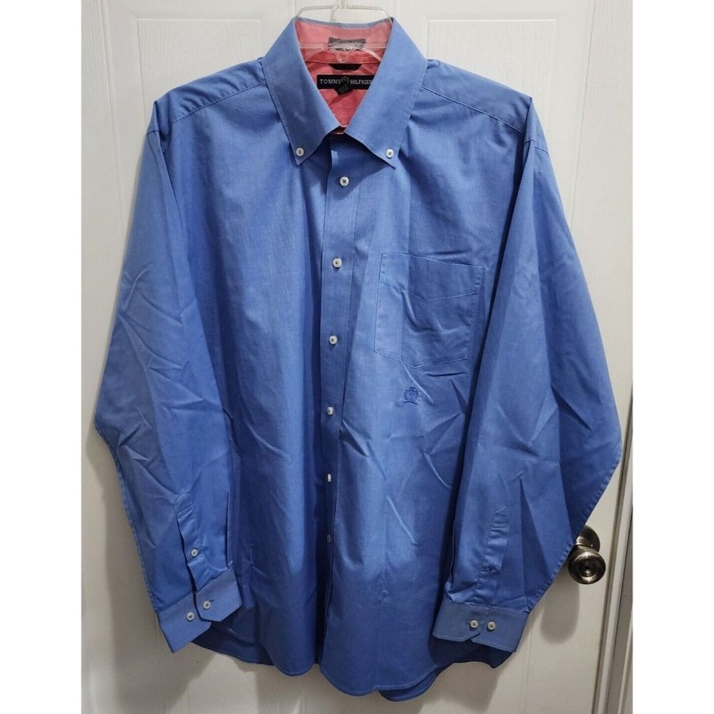 Tommy Hilfiger 80's 2 Ply Fabric Blue Pink Button Down Long Sleeve Shirt Size‎ M